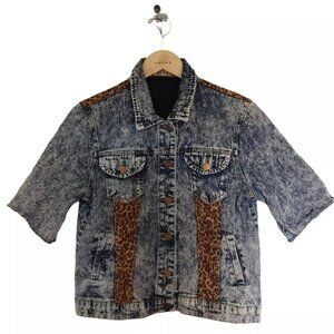 Jacket L Grunge Punk Stonewash Denim Cut Distressed Sleeve Leopard Yoke Trim